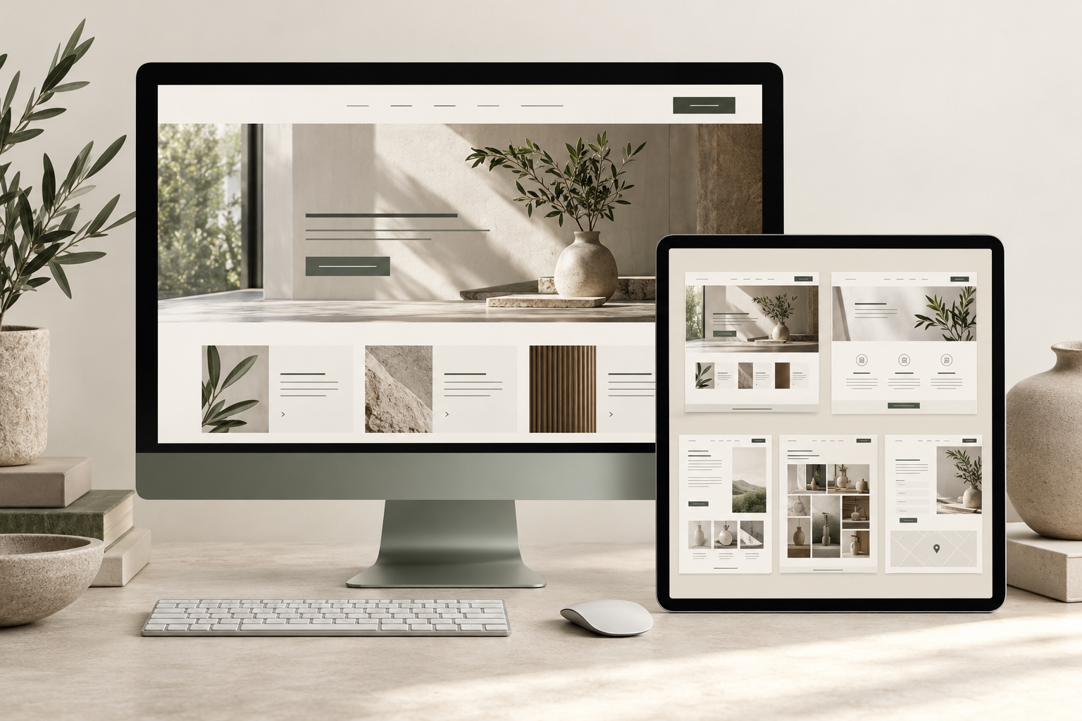 Responsive five-page business website shown on a desktop and tablet