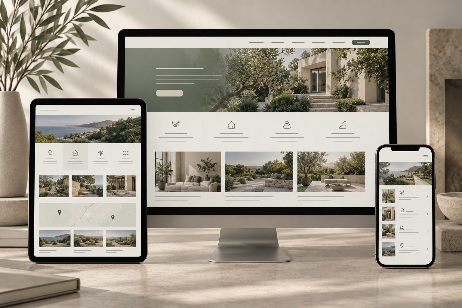 Responsive multi-service business website shown across desktop, tablet and smartphone