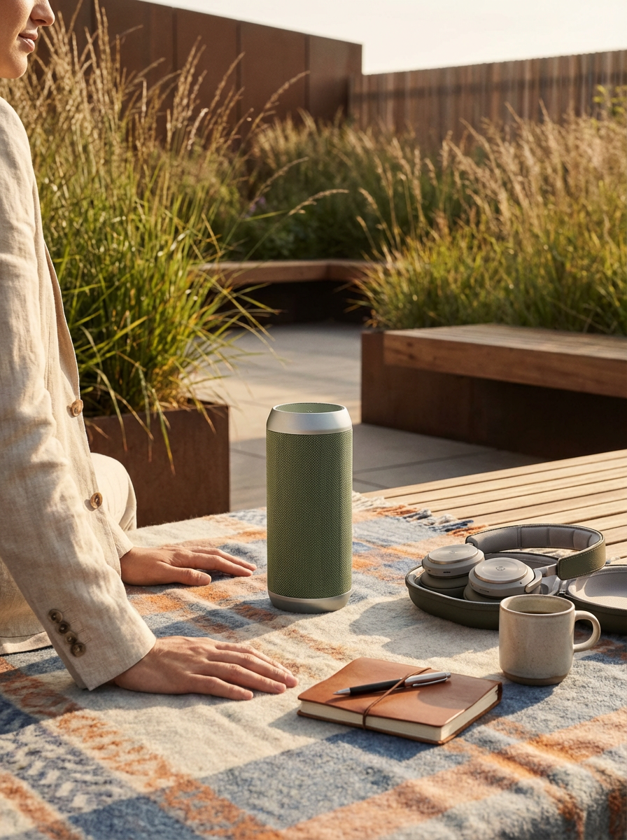 A person standing at an outdoor table with a portable speaker, headphones, a coffee mug, a closed notebook, and a pen, with a background of plants and wooden benches.