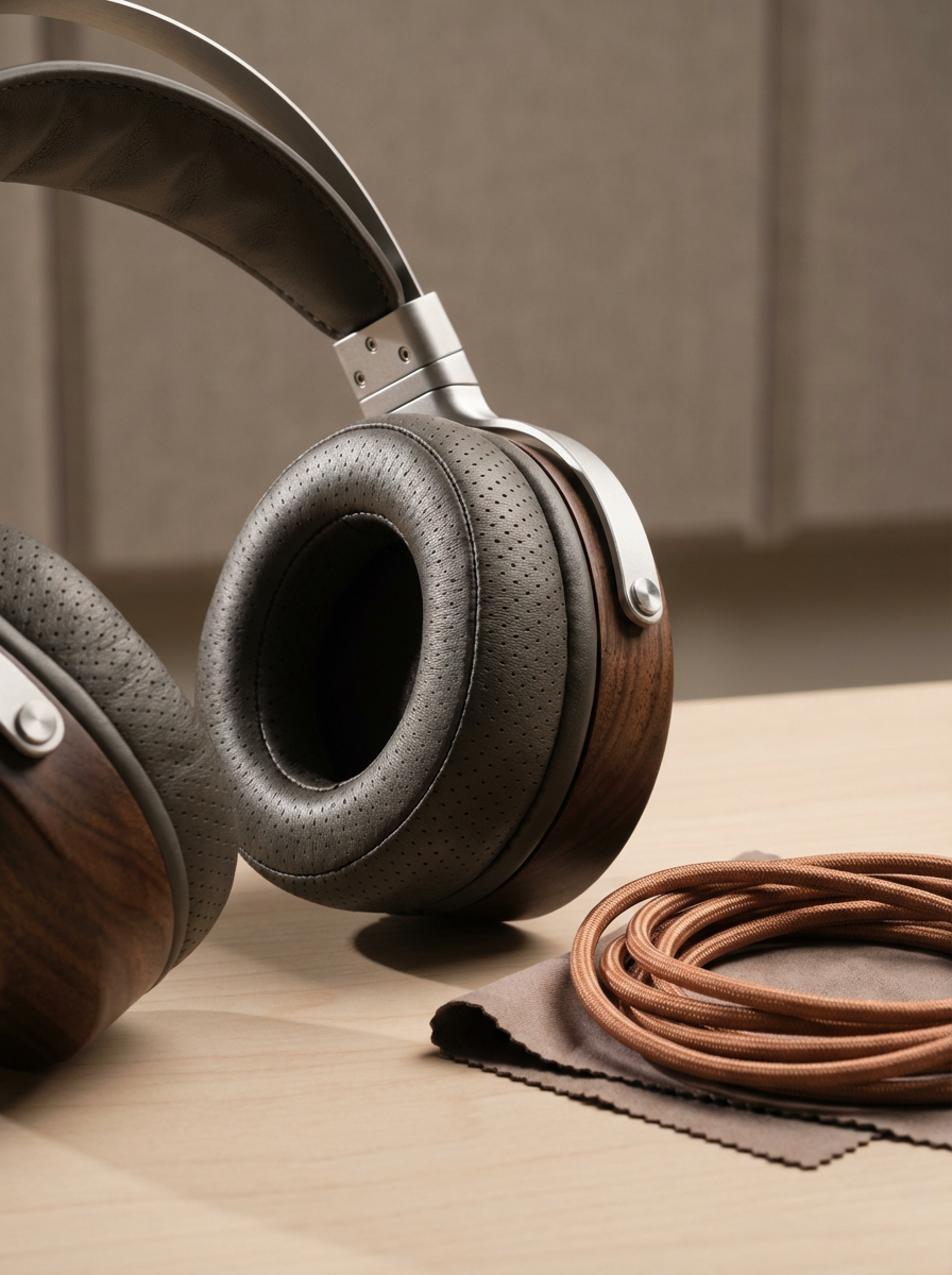Close-up of over-ear headphones with wooden accents and gray ear cushions, placed on a light wooden surface with a coiled copper-colored cable beside a cleaning cloth.