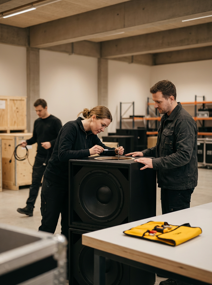 Two people working on a large black speaker in a workshop or studio, with a third person in the background holding cables.