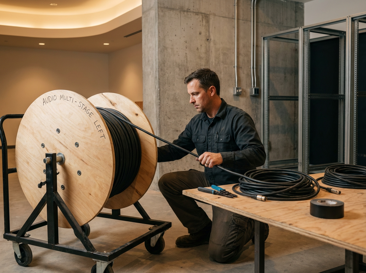 A man kneeling on the floor working with a large spool of black audio cable labeled 'AUDIO MULTI-STAGE LEFT' in an industrial or technical setting.