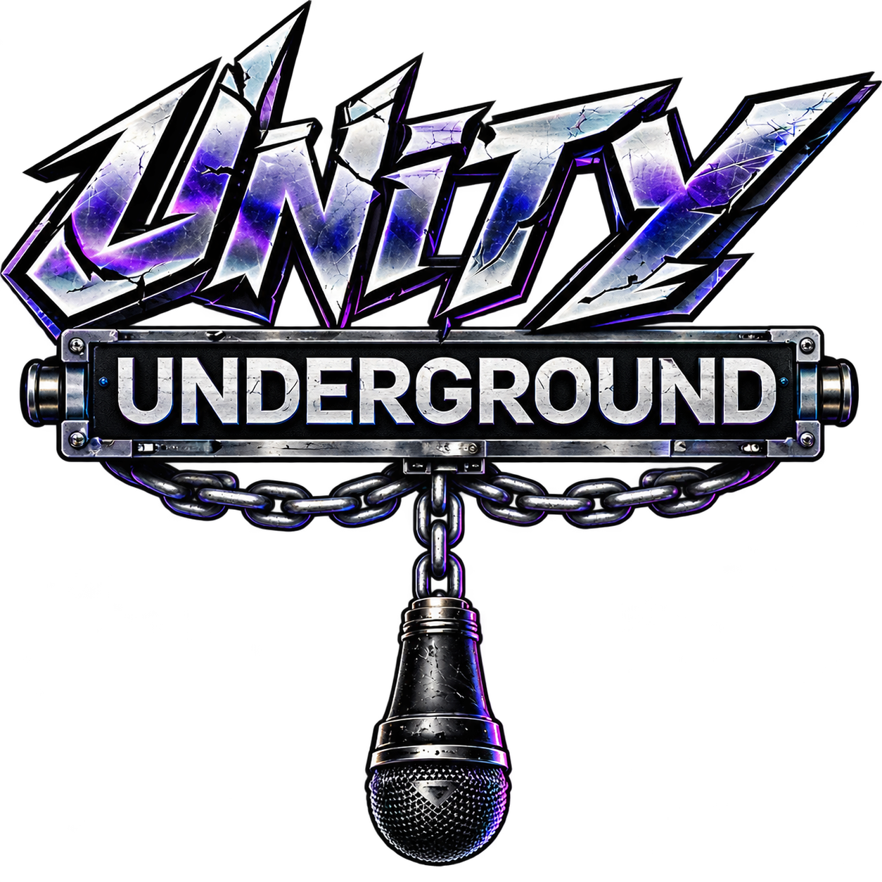 Logo for LipSync Underground featuring the word 'LipSync' in a cracked, purple and white style above a metallic sign with 'UNDERGROUND' in bold white letters, hanging from a chain attached to a microphone.