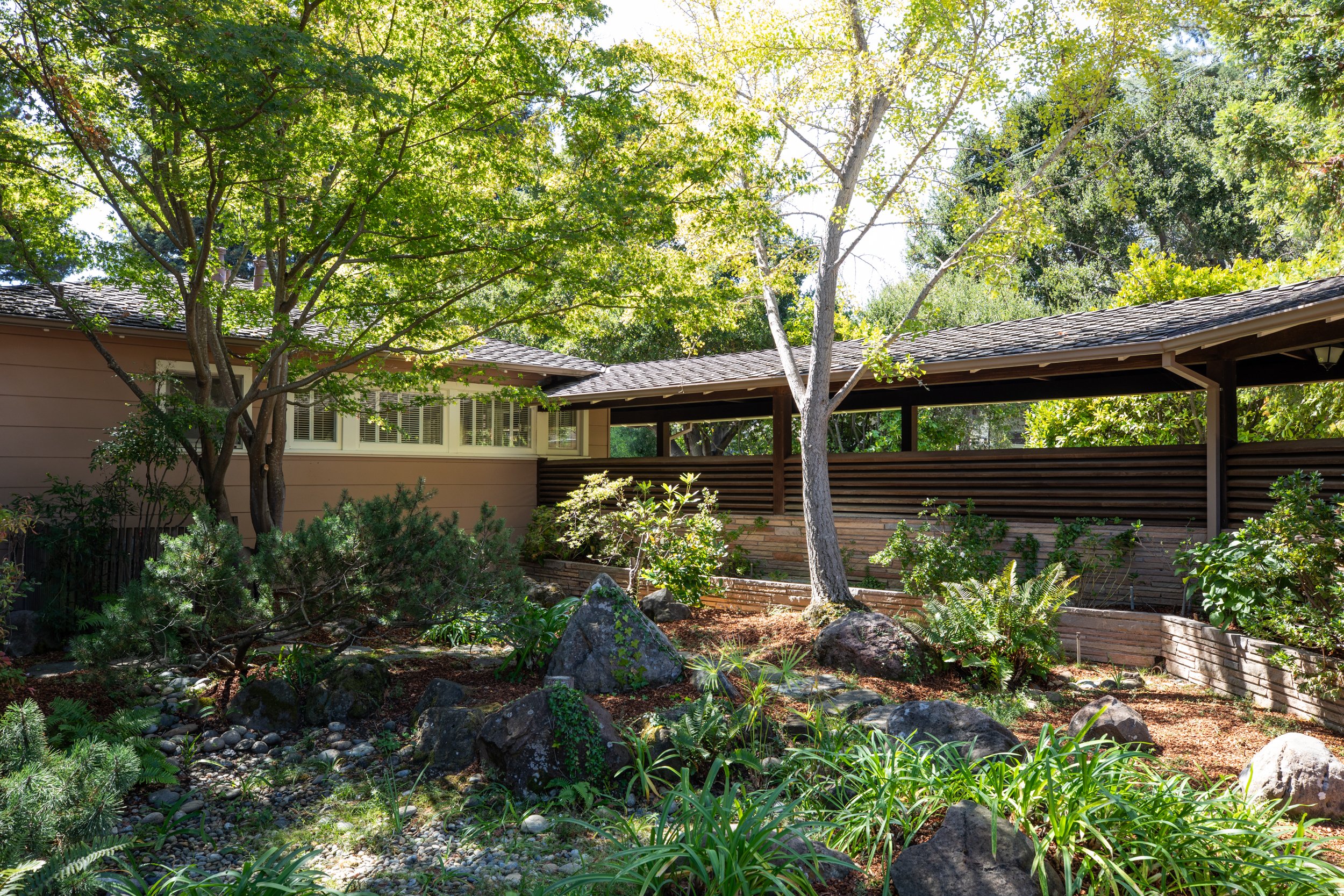 A backyard garden with trees, shrubs, rocks, and a wooden fence. A house with a window and a shingled roof is partially visible behind the trees, with sunlight filtering through the leaves.