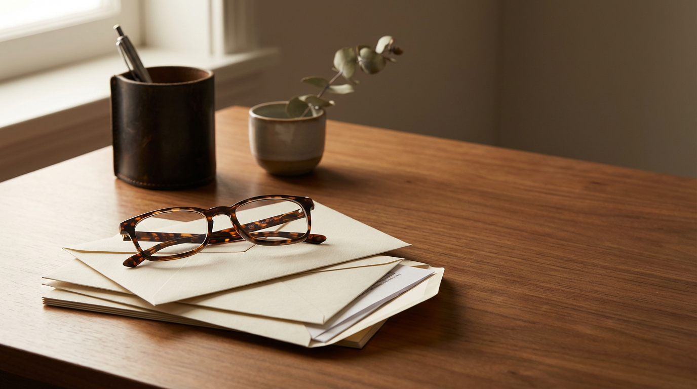 A pair of tortoiseshell glasses resting on top of a stack of white envelopes and papers on a wooden desk, with a small ceramic potted plant and a black pen holder in the background near a window.