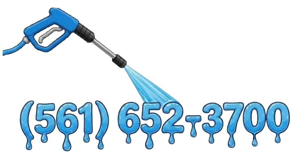 A pressure washing wand spraying water pointing towards the telephone phone number for Pressure Washing Near Me in Palm Beach County, Florida. The phone number is presneted as water with droplets to indicate pressure cleaning.