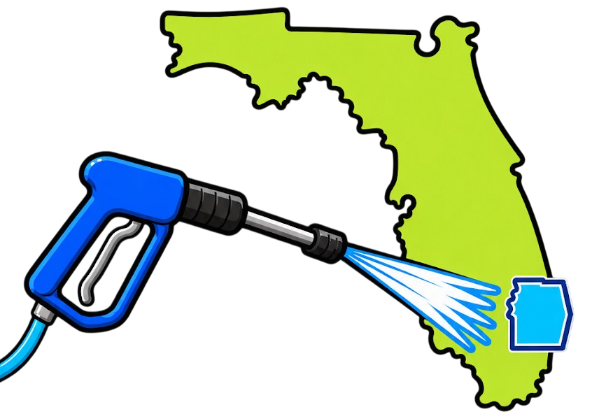 An image of the state of Florida with a pressure washing wand spraying water toward Palm Beach County. The county is highlighted in blue indicating exterior cleaning, vs the rest of the state being green to symbolize dirt or organic growth.