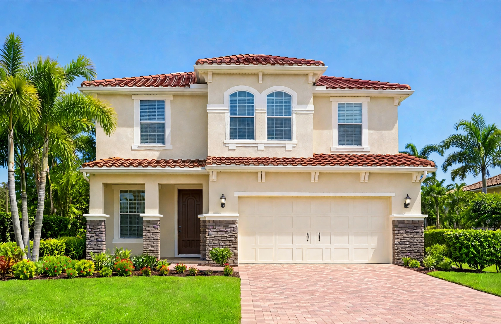 A freshly pressure washed and soft washed two-story Palm Beach, Floridaome. A Pressure wash was completed for the driveway pavers. The siding and roof were cleaned via a low pressure soft wash. The gutters were brightened and cleaned.