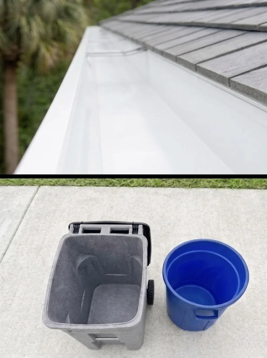 Cleaned out and brightened gutter as well as a trash bin and recycle bin that have been pressure washed. Trash and recycle bin cleaning is a service provided at a discount when coupled with other pressure washing and/or soft washing services.