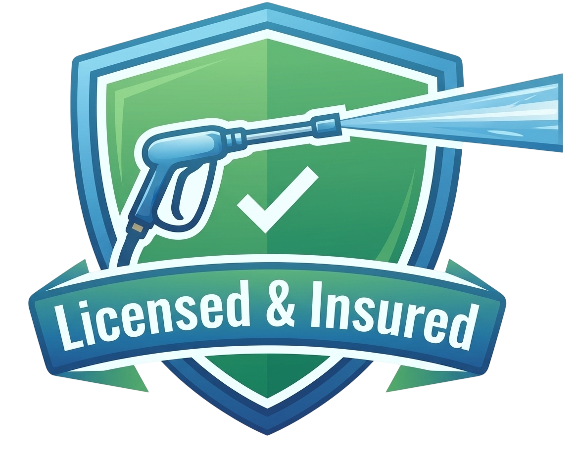 A shield logo indicating that Pressure Washing Near Me, servicing Palm Beach County, Florida is licensed and insured. As a reputible source for pressure washing and soft washing services we are trusted by both homeowners and businesses.