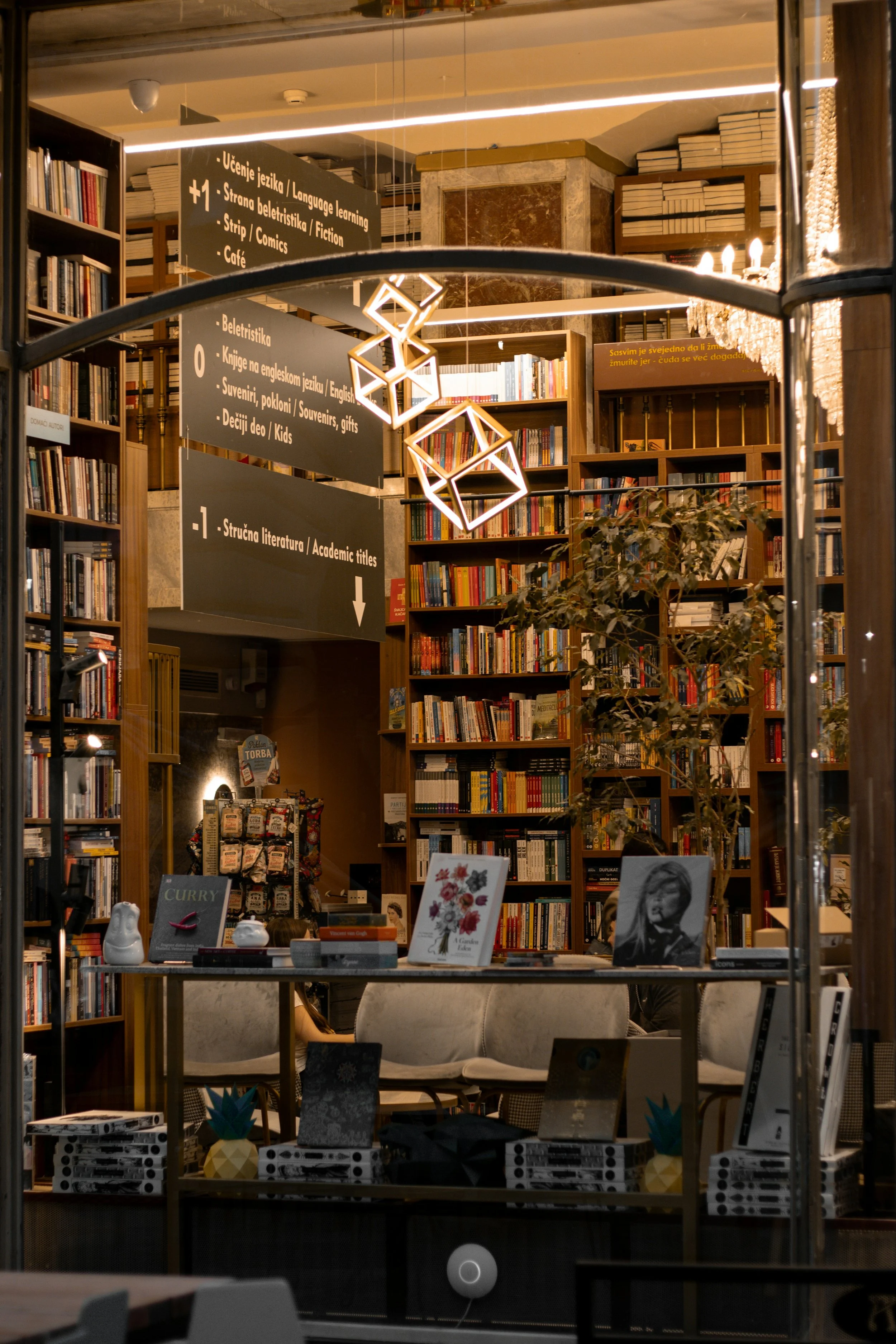 Inside a bookstore with tall bookshelves filled with self-published books, a chandelier, and a decorative light installation. There are signs indicating sections for language learning and children's books, along with a display table featuring books.