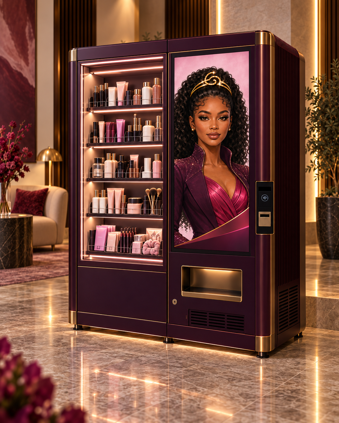 The Galore Muse appears as sculptural campaign artwork on an illustrative Galore Glam beauty-essentials machine in a refined hospitality setting.