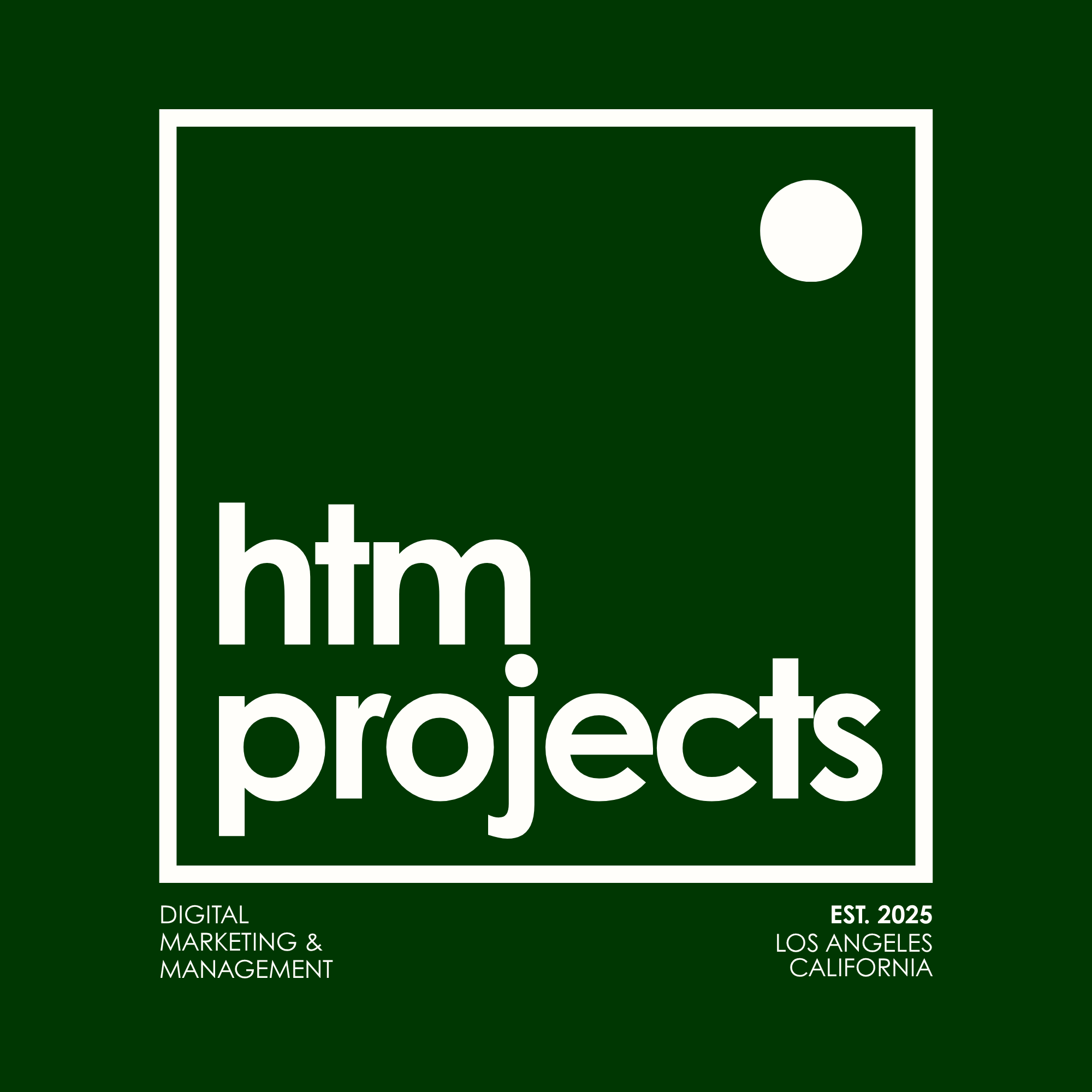 A digital marketing agency logo with a green background, white text, and a stylized white circle on the top right corner. The logo includes phrases 'Digital Marketing & Management,' 'Est. 2025,' and location 'Los Angeles, California.'