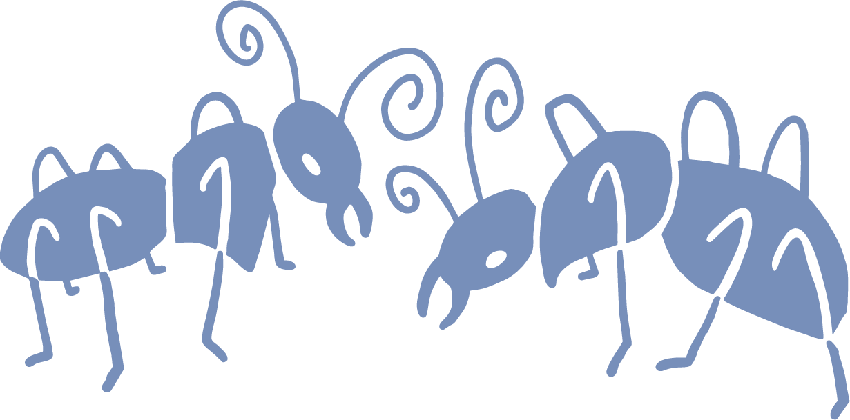 Line drawing of five cartoon ants with large heads, antennae, and segmented bodies, colored in blue