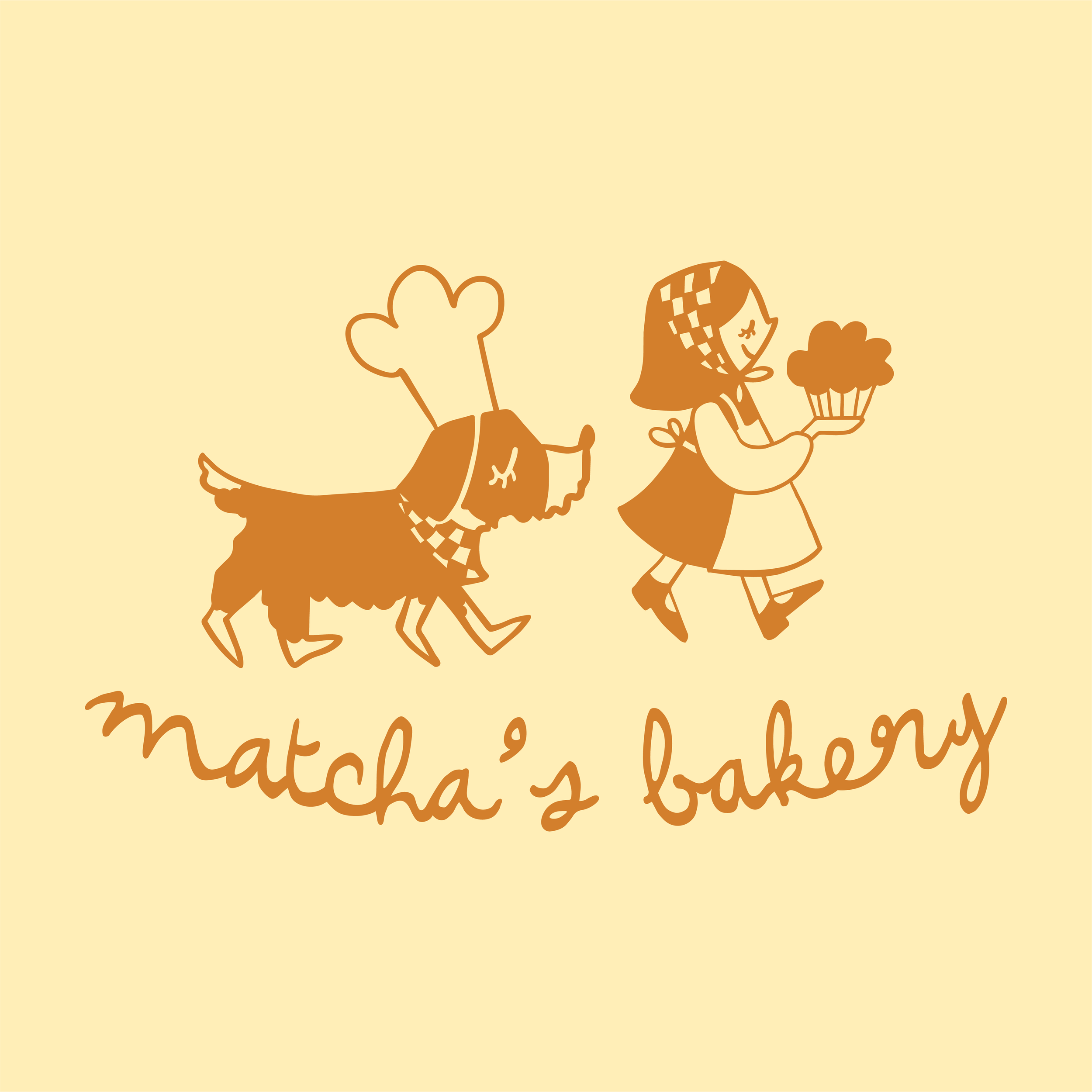 Logo illustration of a baker holding a cupcake and her dog named Matcha.