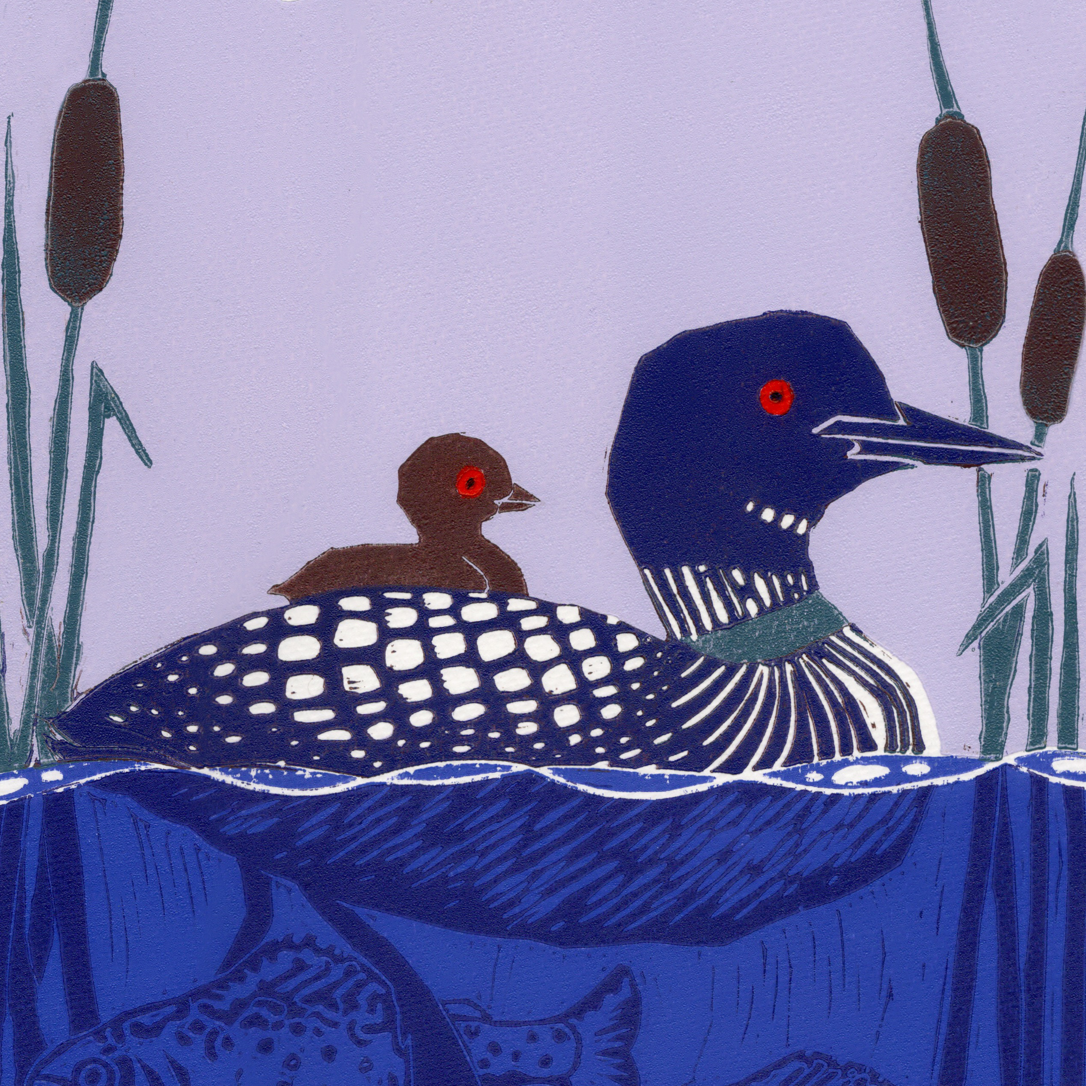 A 5-color reduction linocut featuring loons, cattails, and fish.