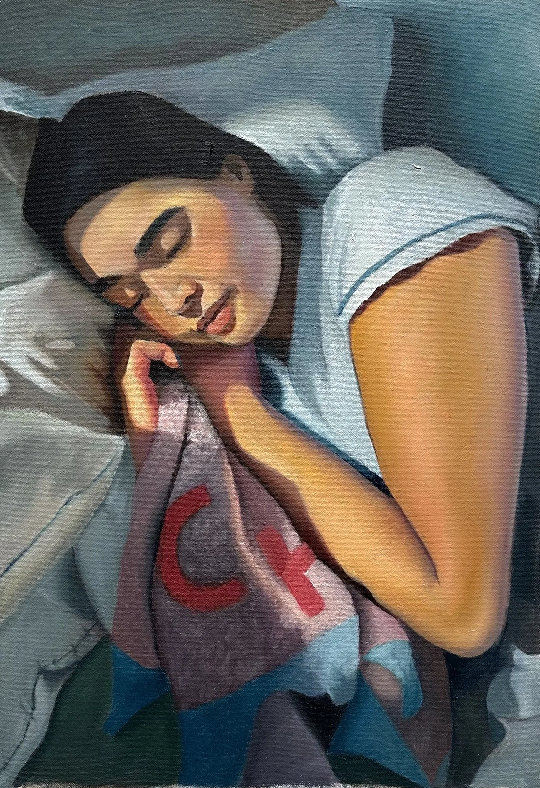 A painting of a woman lying down with her eyes closed, hugging her blankie.