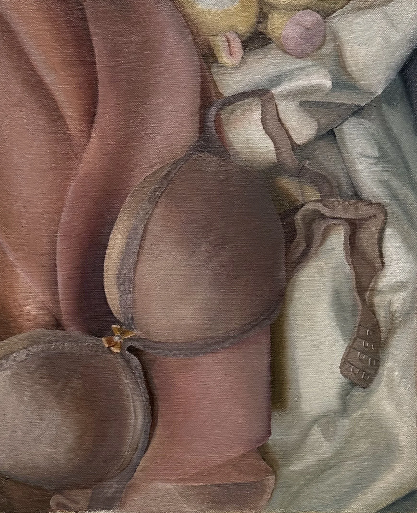 Oil painting that features a bra and sheep plush toy.