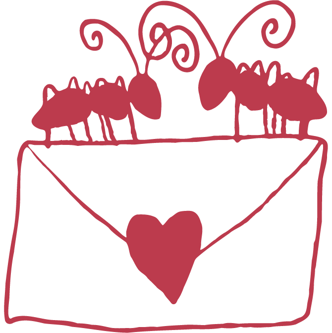 Drawing of an envelope with a heart on it, with two ants on top.