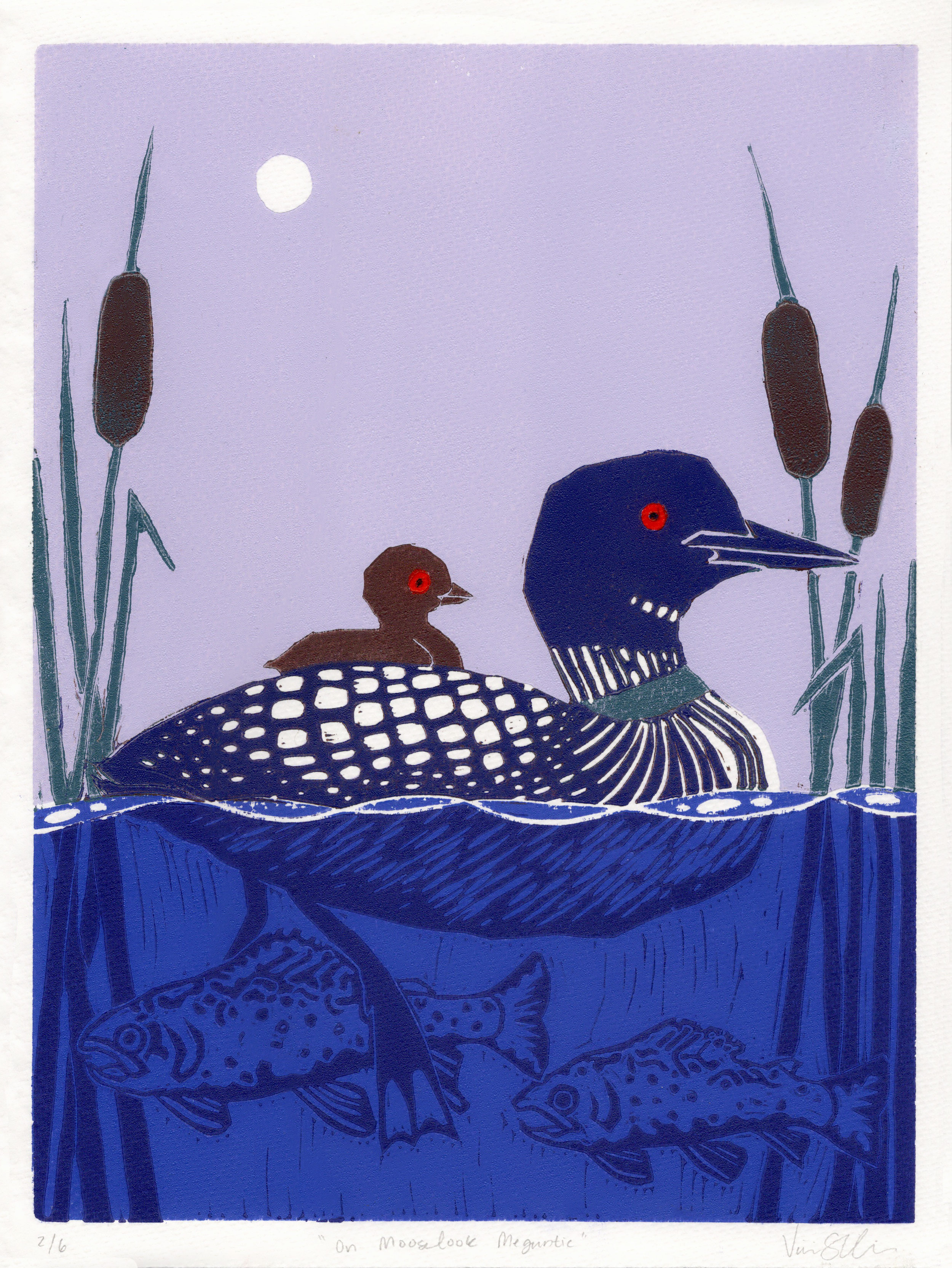 On Mooselook Meguntic: 5-Color Reduction Linocut