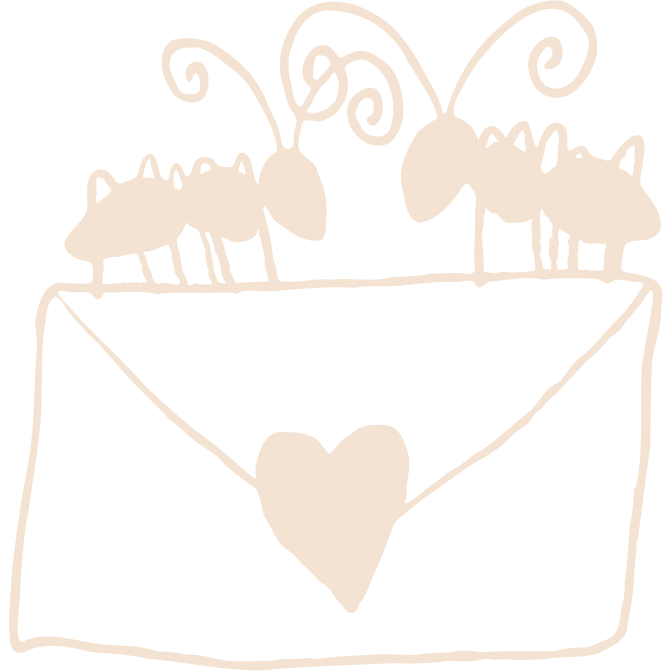 Line drawing of an envelope with a heart on it, and a couple of ants above the envelope.