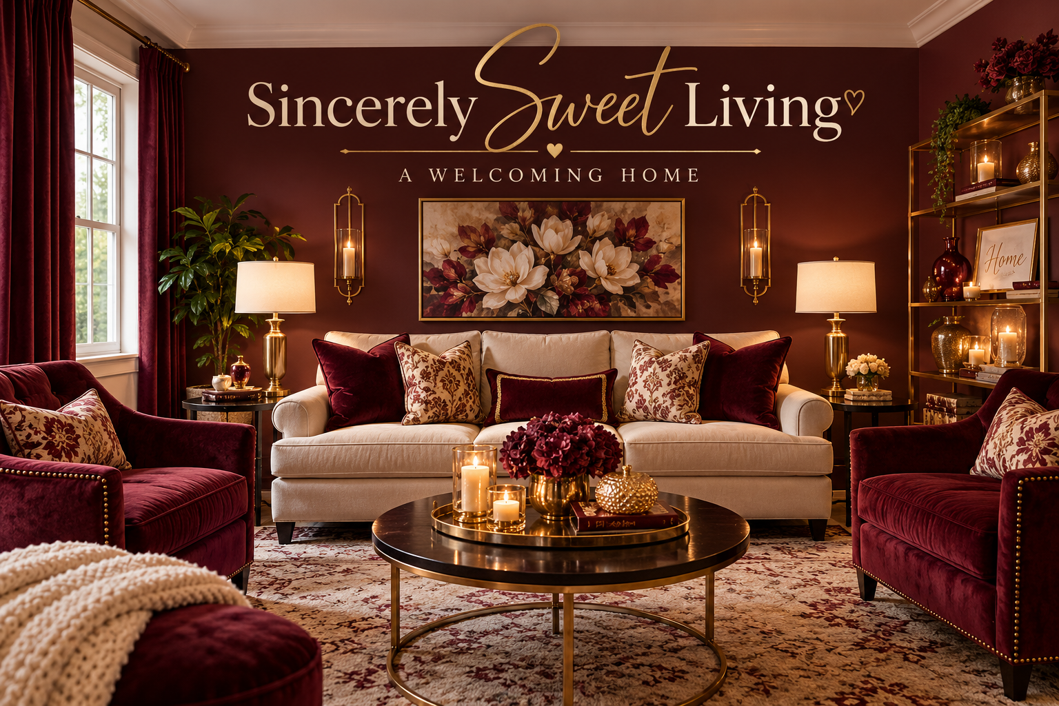 A cozy living room with a cream sofa, red velvet armchairs, and gold accents. The wall has a large floral painting with the words 'Sincerely Sweet Living' and 'A Welcoming Home.' Candles, books, and decorative objects are arranged on tables and shelves, creating a warm, inviting atmosphere.