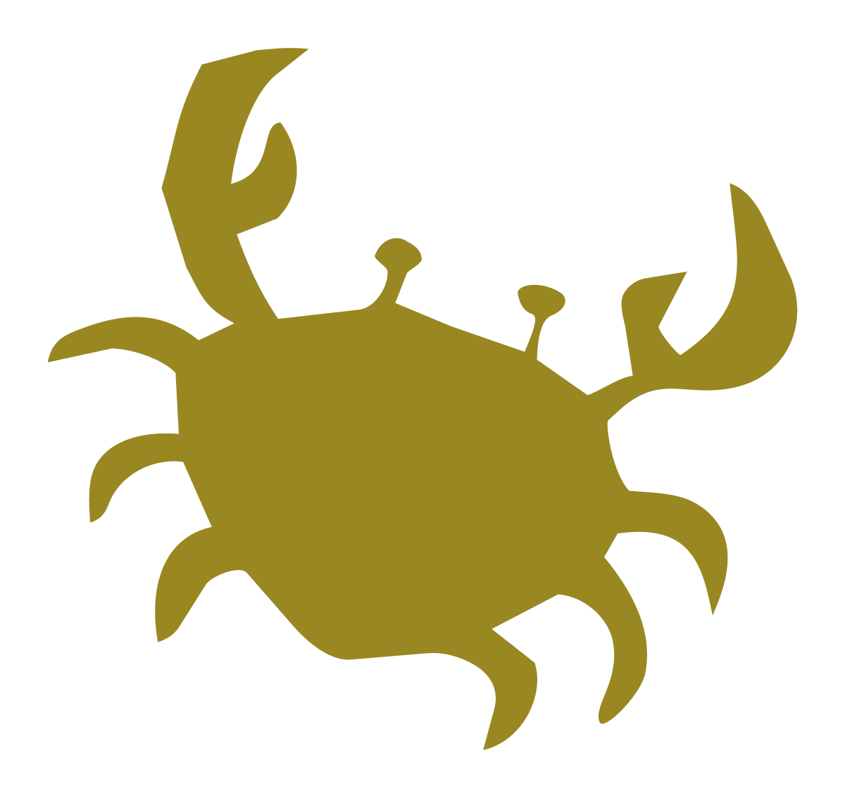 A silhouette of a crab with large claws, depicted in a gold or bronze color