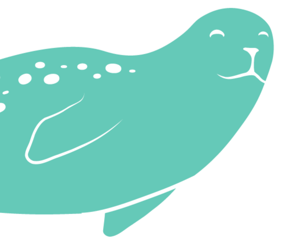 A cartoon illustration of a seal with a smiling face, rounded body, and flippers.