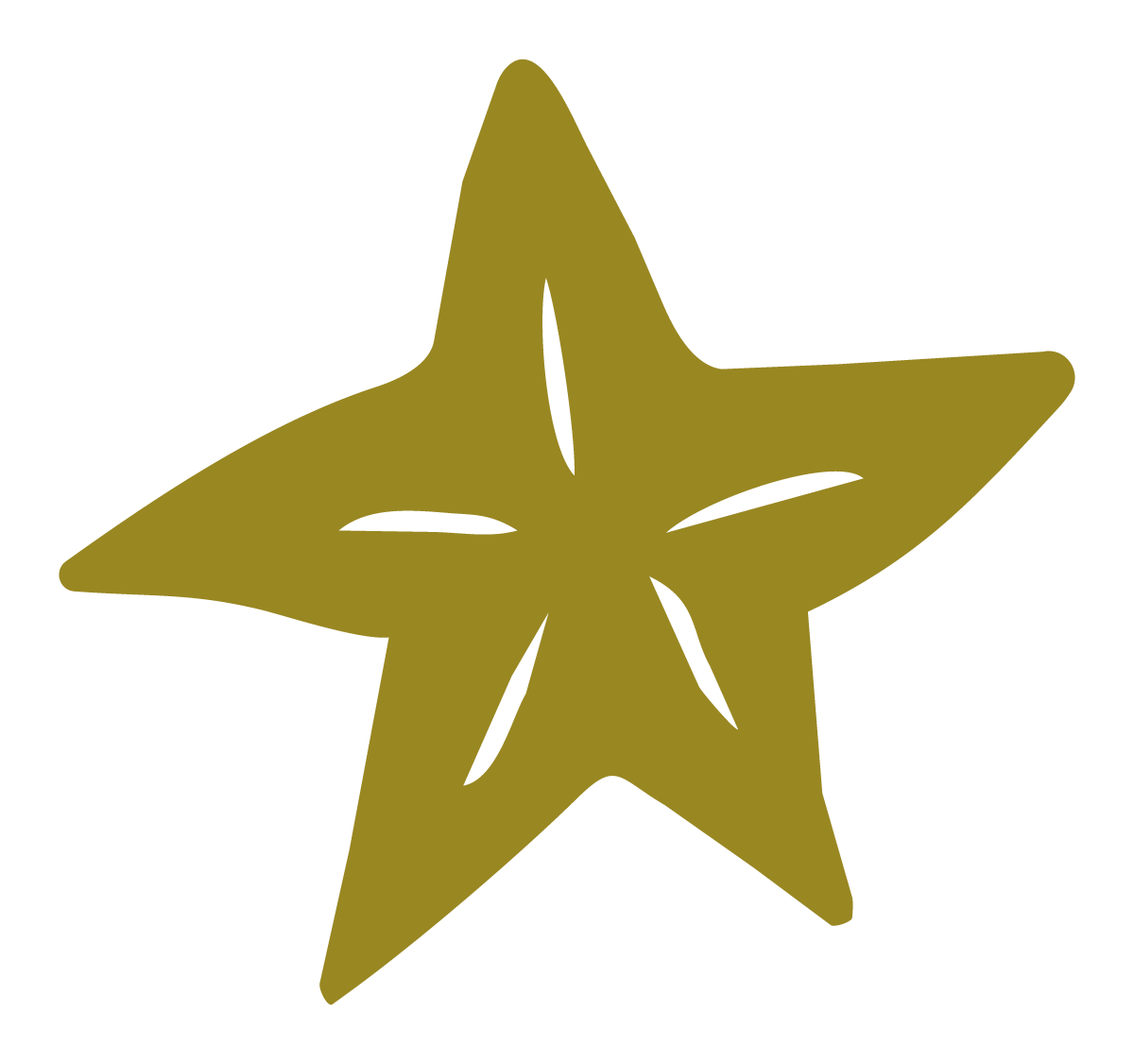 Gold star with cutout lines on a black background.