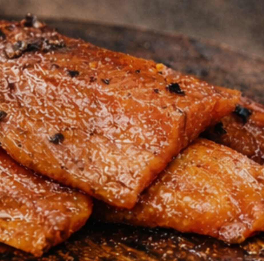 Close-up of cooked salmon fillets with caramelized surface and seasonings on a baking sheet.