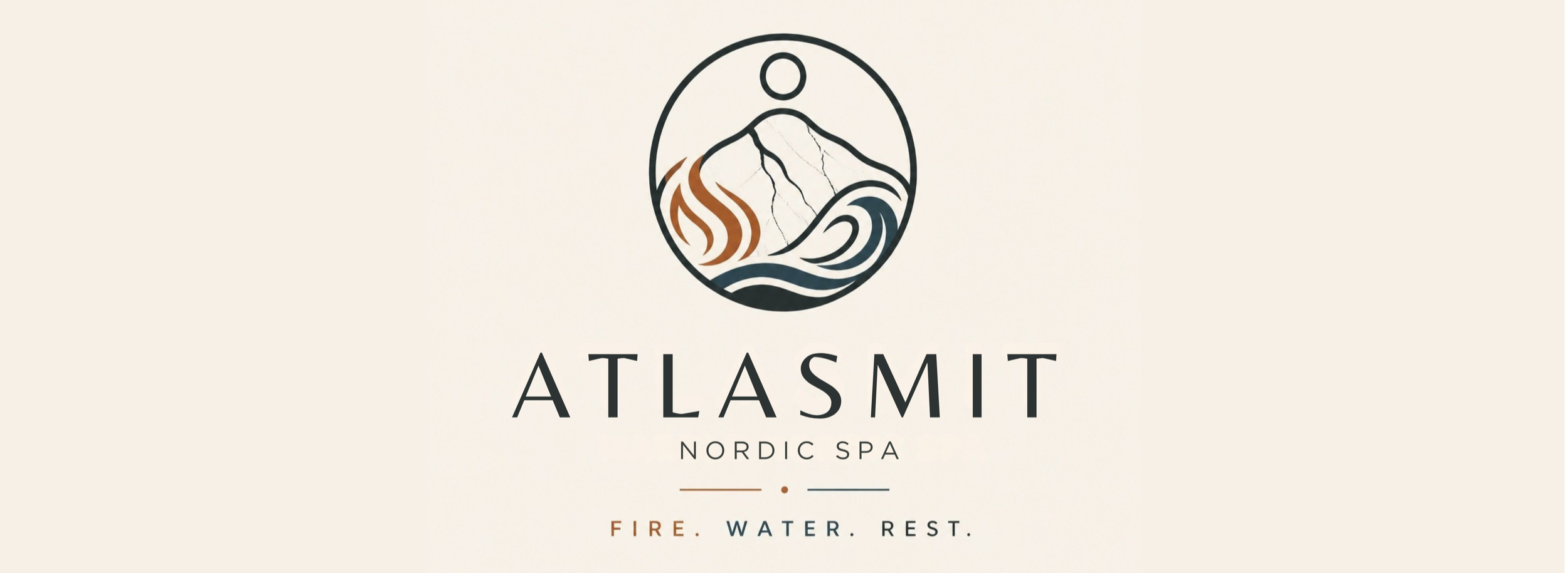 Logo for Atlasmit Nordic Spa featuring a mountain, fire, water, and a person relaxing, with the tagline 'Fire. Water. Rest.'