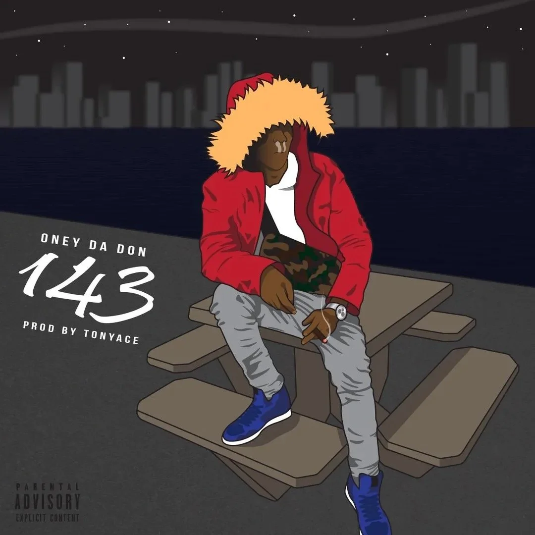 An illustrated man sitting alone on a picnic table near water with city skyline in the background at night, wearing a red jacket with a fur-lined hood, gray pants, blue shoes, and holding a camo-patterned item, possibly a phone.