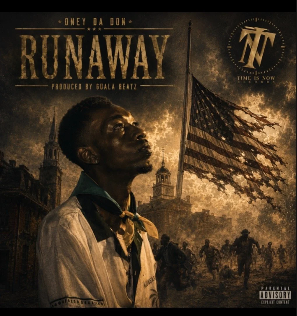 Album cover with a dark sky background, featuring a young man in a scout uniform, looking upward. Behind him is a tattered American flag and a group of people running, with historic buildings and a church tower in the scene. The text reads "Oney Da Don" at the top, and "Runaway" as the main title.
