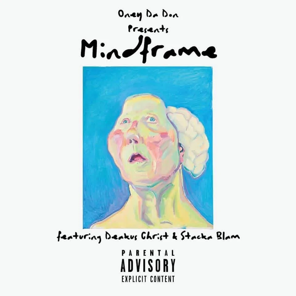 Album cover featuring a colorful portrait of a person with an expressive face and white hair, with handwritten text at the top and bottom. The top says 'Okey Da Don Present Midframe,' and the bottom says 'featuring Deaktor Christ & Stacker Blam.'