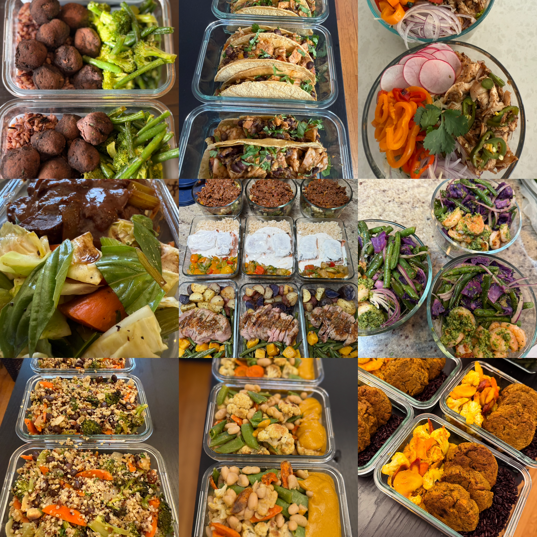 Assorted prepared dishes stored in clear glass containers, including salads, roasted vegetables, grains, and cooked meats, displayed on a countertop.
