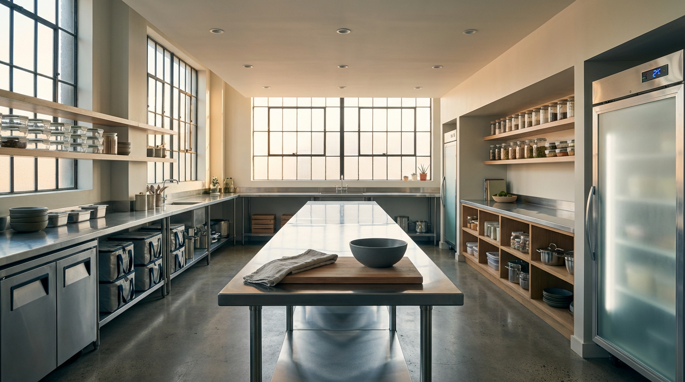 Modern industrial-style kitchen with stainless steel appliances, open wooden shelves, and large windows allowing natural light.