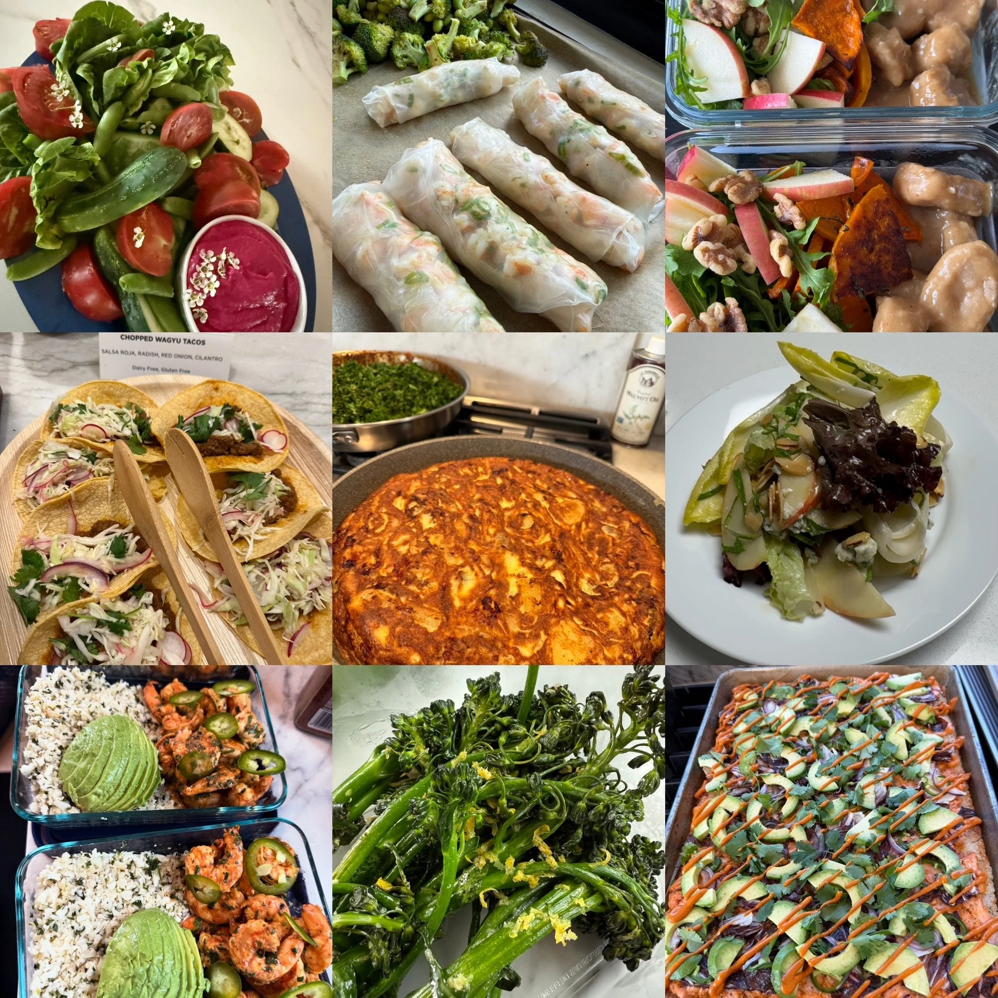 A collage of various dishes including a fresh vegetable salad with tomatoes, cucumbers, and cilantro, spring rolls filled with vegetables, chopped wagyu tacos, a baked dish with cheese, a green salad, a taco platter with toppings, and a dessert with colorful icing and decorations.