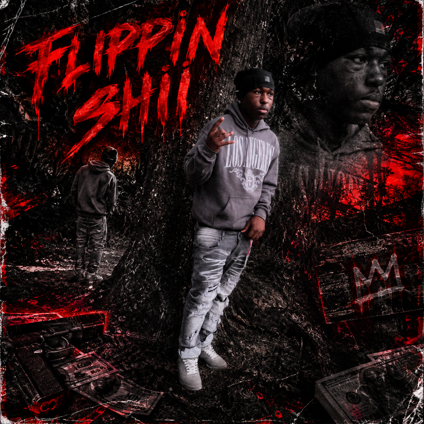 Young man in gray hoodie and camo pants making a gesture with his hand in front of a large tree, with a second image of him in the background back to the viewer, and a large floating face of him in the background. Red text reads 'FLIPPIN' SHIT' and there are images of money, a gun, and a crown in a dark, graffiti-style setting with red accents.