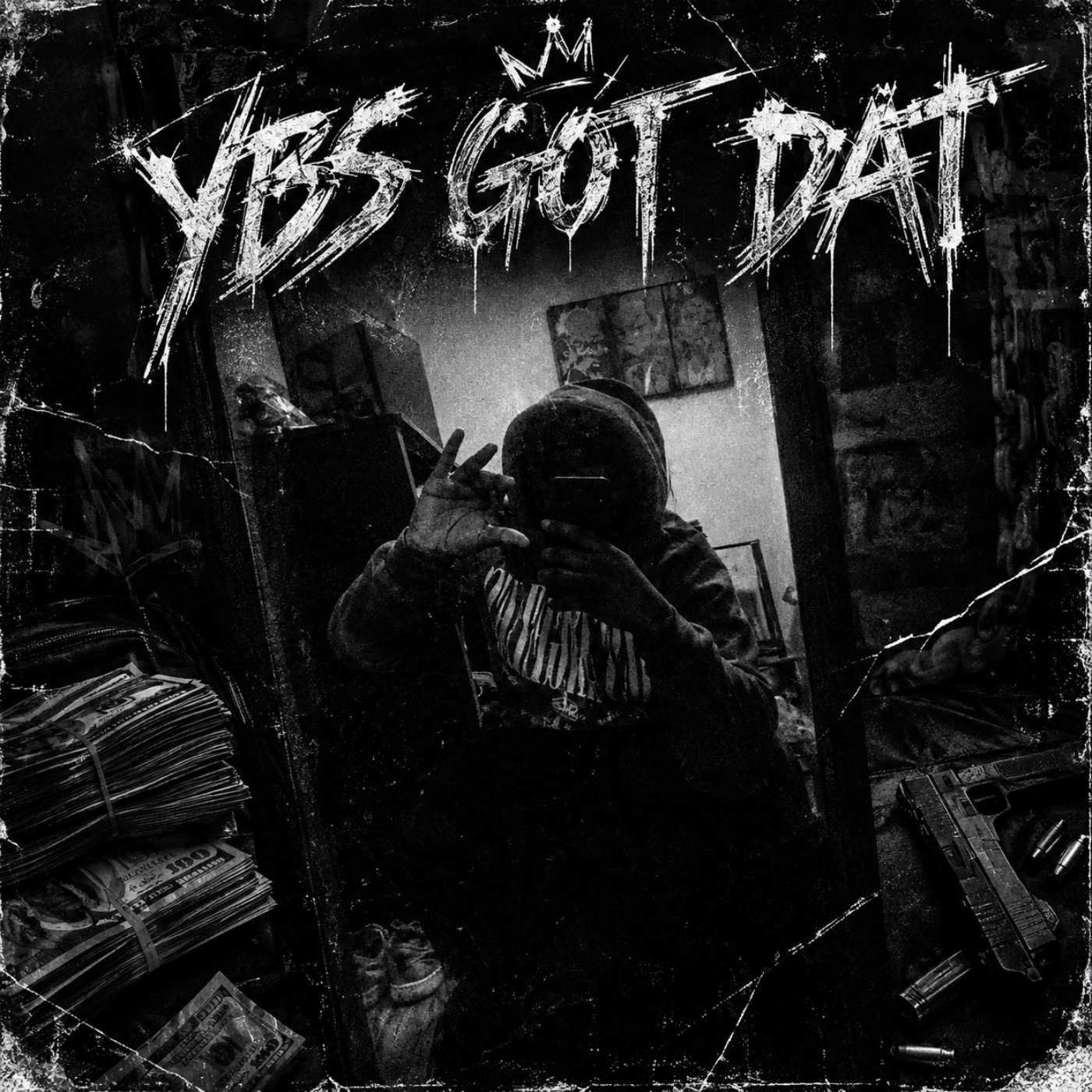 A person taking a mirror selfie in a cluttered room with a sign on the mirror that says 'YES GOT DAT' in graffiti style. The person is wearing a hoodie and holding a phone, making a peace sign. The image has a black and white filter and a distressed texture overlay.