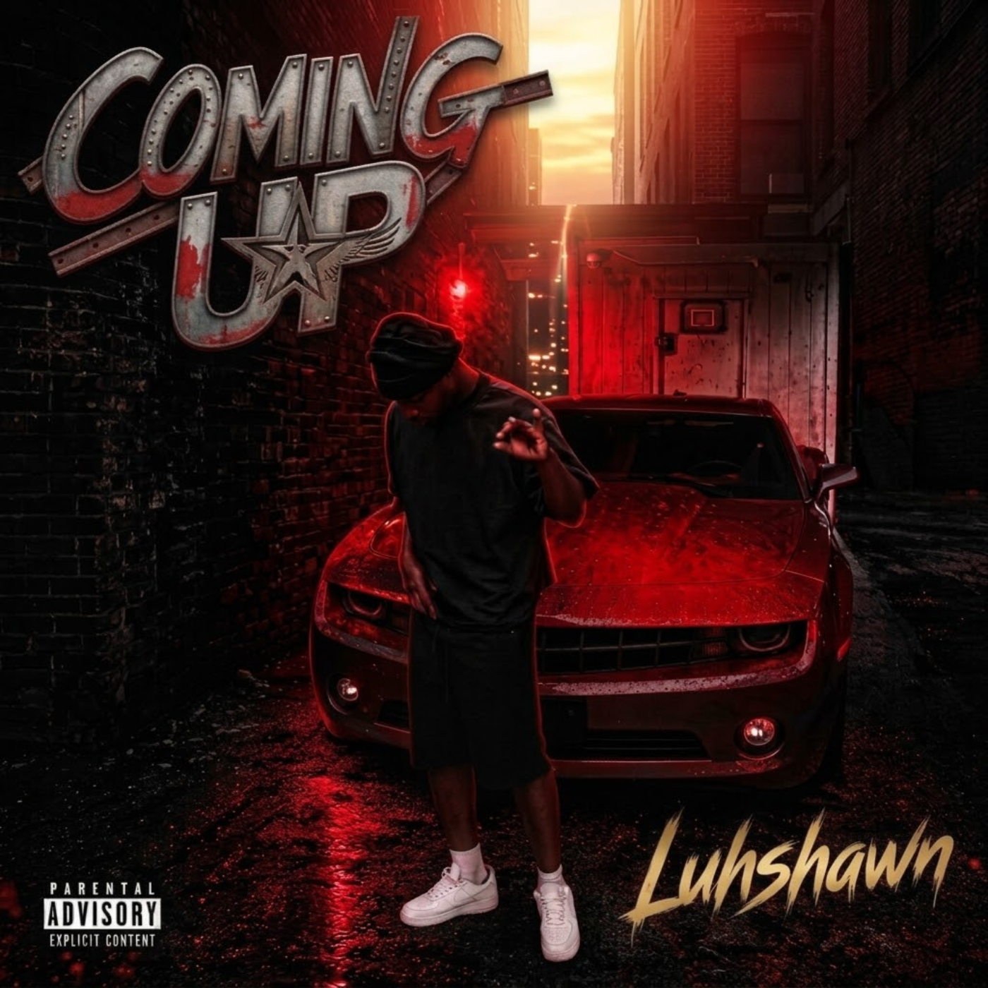 A person wearing dark clothing and a beanie stands in front of a red sports car in a dark alley with a brick wall. The scene is illuminated by a sunset, with a large 'Coming Up' sign on the left and the name 'Luhshawn' in gold text at the bottom right corner. Parental advisory label is at the bottom left.