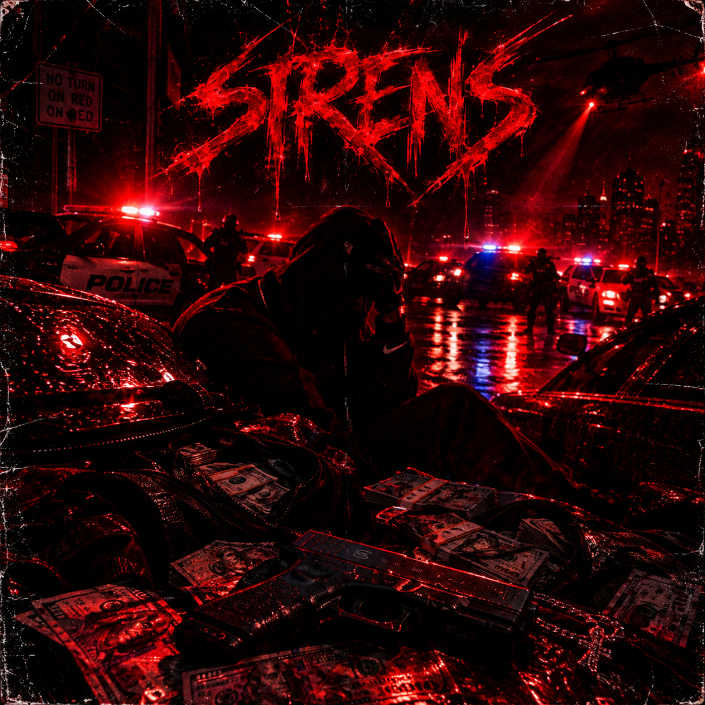 A dark, intense scene with police cars flashing lights on a rainy city street. Several police officers are present, and a person with a hoodie is sitting on a car with their head down. The image has a red and black color scheme, with the word "STRENS" written in a graffiti style at the top.