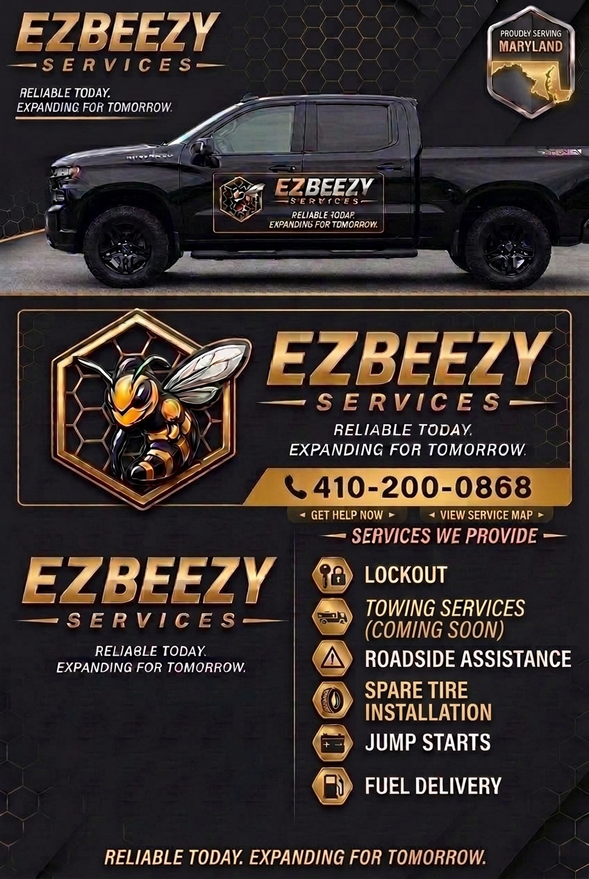 Flyer for EZBEEZY Services, a vehicle service company in Maryland. The flyer features a black pickup truck with the logo and contact information, a honeybee mascot, and a list of services including lockout, roadside assistance, spare tire installation, jump starts, and fuel delivery, with towing services coming soon.