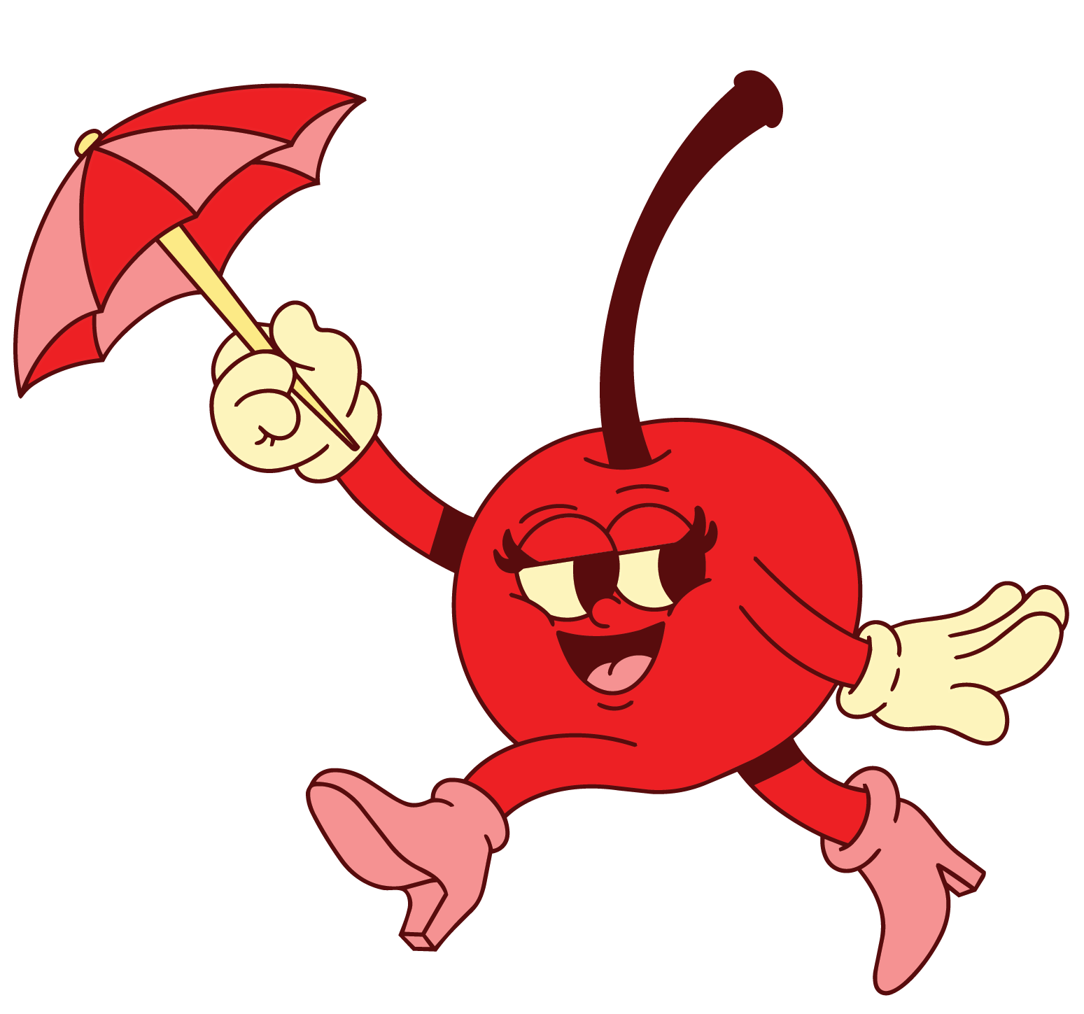 A cartoon cherry character with a smiling face, long eyelashes, holding a red and pink umbrella, and walking with one hand extended.