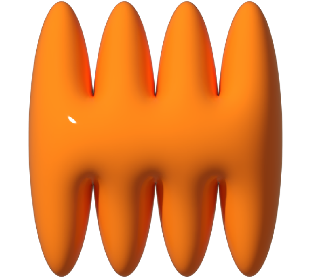An orange, cartoonish, egg-shaped object with a shiny surface and dark vertical lines on its sides.