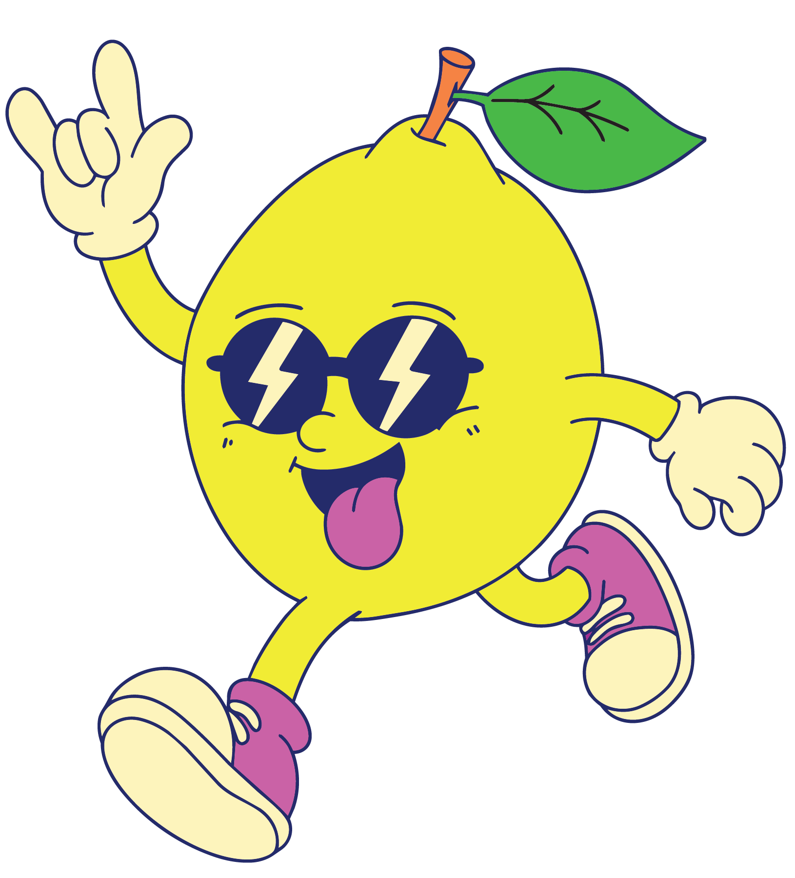 A cartoon lemon character with sunglasses making a peace sign with its right hand and sticking out its tongue, with a green leaf and stem on top of its head, purple shoes, and a happy expression.