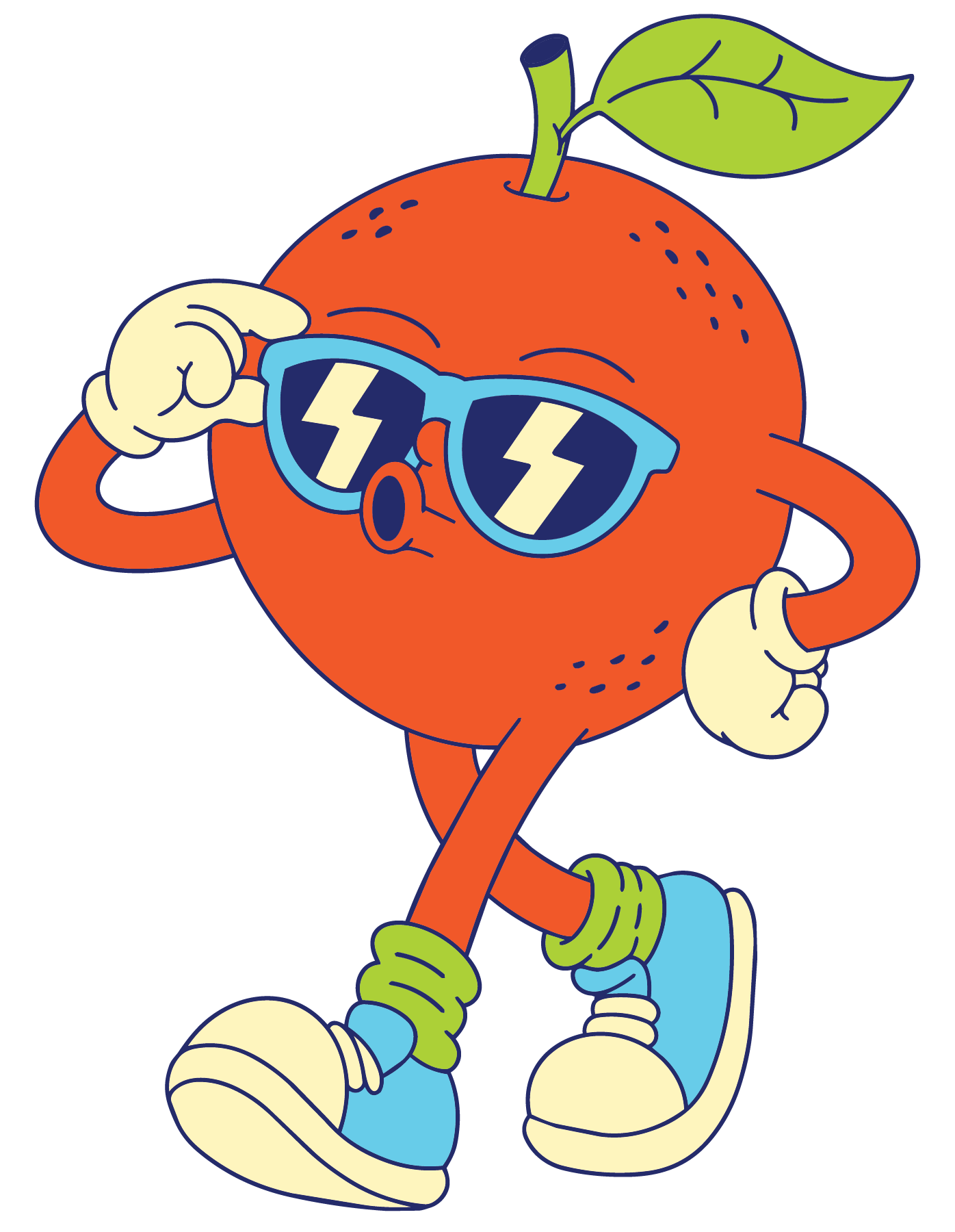 Cartoon orange with glasses, green leaf, and limbs, posing confidently with one hand on its glasses, wearing sneakers and socks.