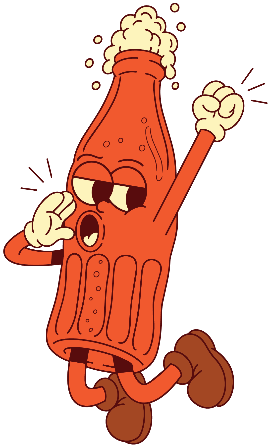 A cartoon hot dog character with a smiling face, sunglasses, and a raised fist, standing on a mound of mustard.