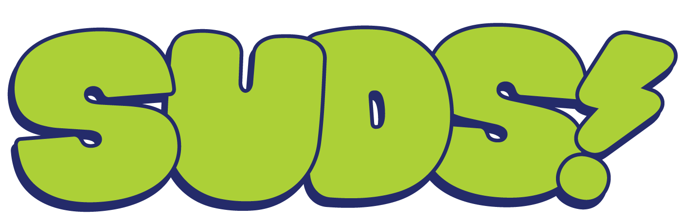 Colorful graffiti-style text spelling 'SUDS!' in green with a blue outline.