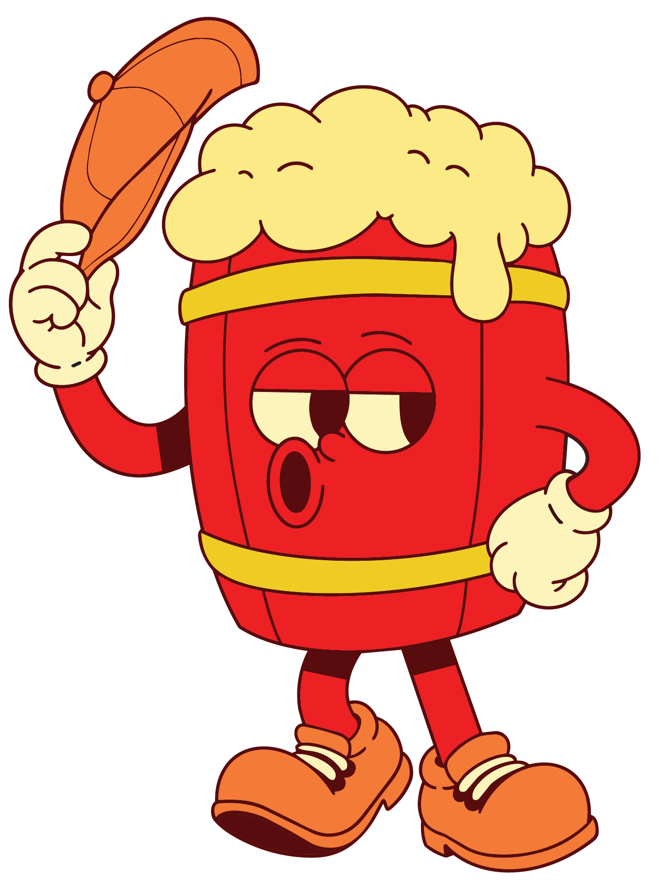 A cartoon character resembling a box of popcorn with a face, arms, and legs, holding a piece of popcorn in one hand, with an expressive face and animated pose.