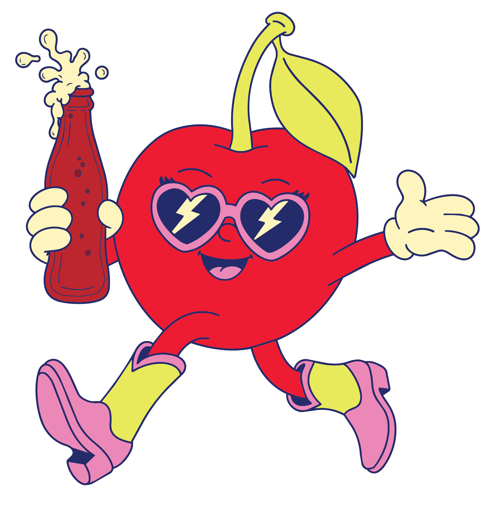 Cartoon red apple character with sunglasses and a big smile, holding a soda bottle and giving a thumbs-up.